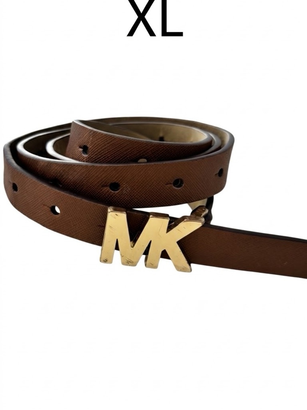 Michael Kors Cognac Brown Saffiano Leather Skinny Belt Gold MK Buckle XL